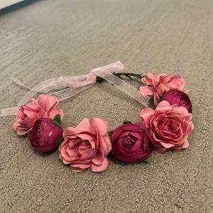 Dusty Rose Flower Crown with pink ribbon enclosure. Fits women and girls.